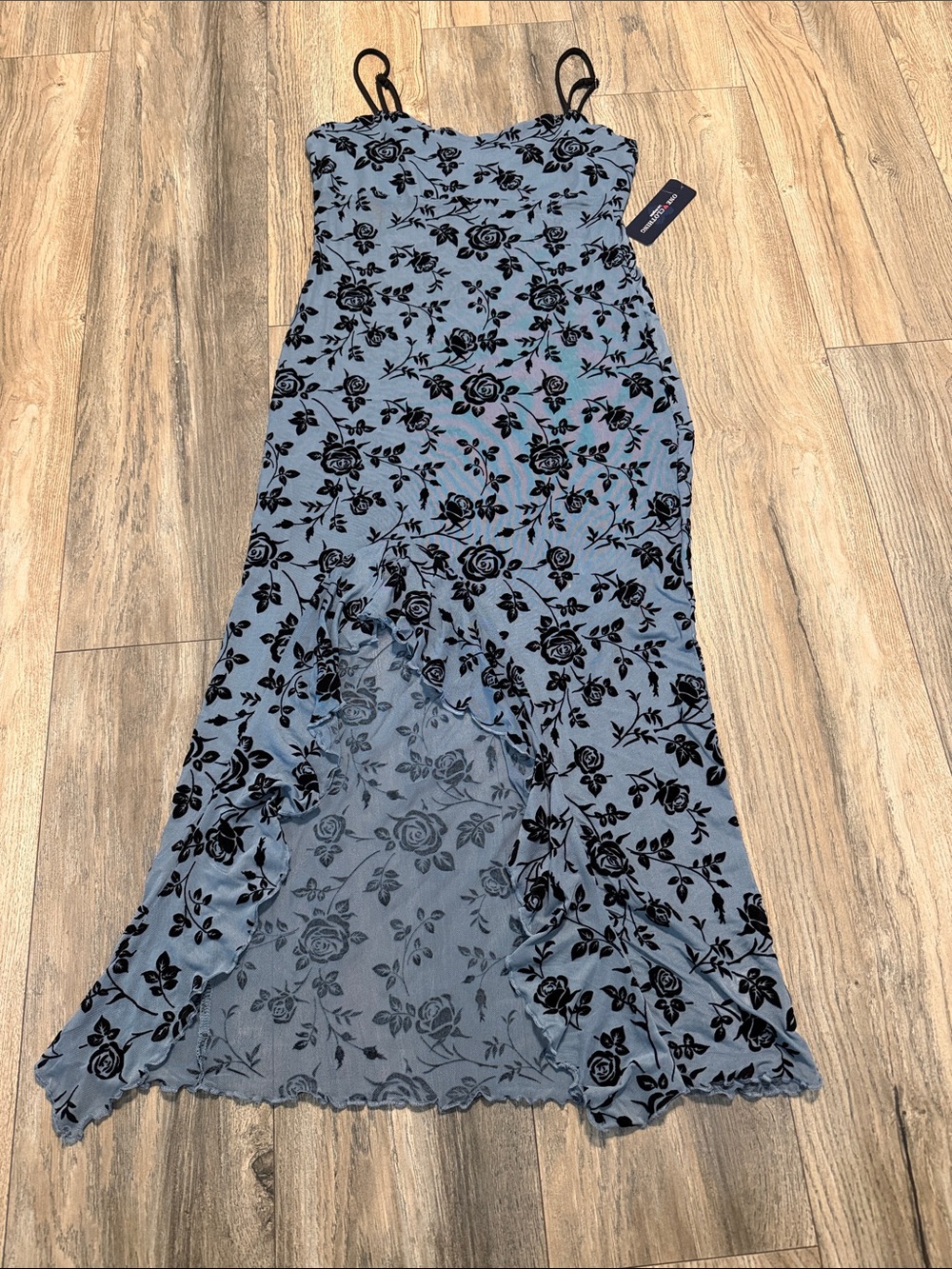 Dusty Blue Floral Mesh Midi Dress with Black Burnout Roses